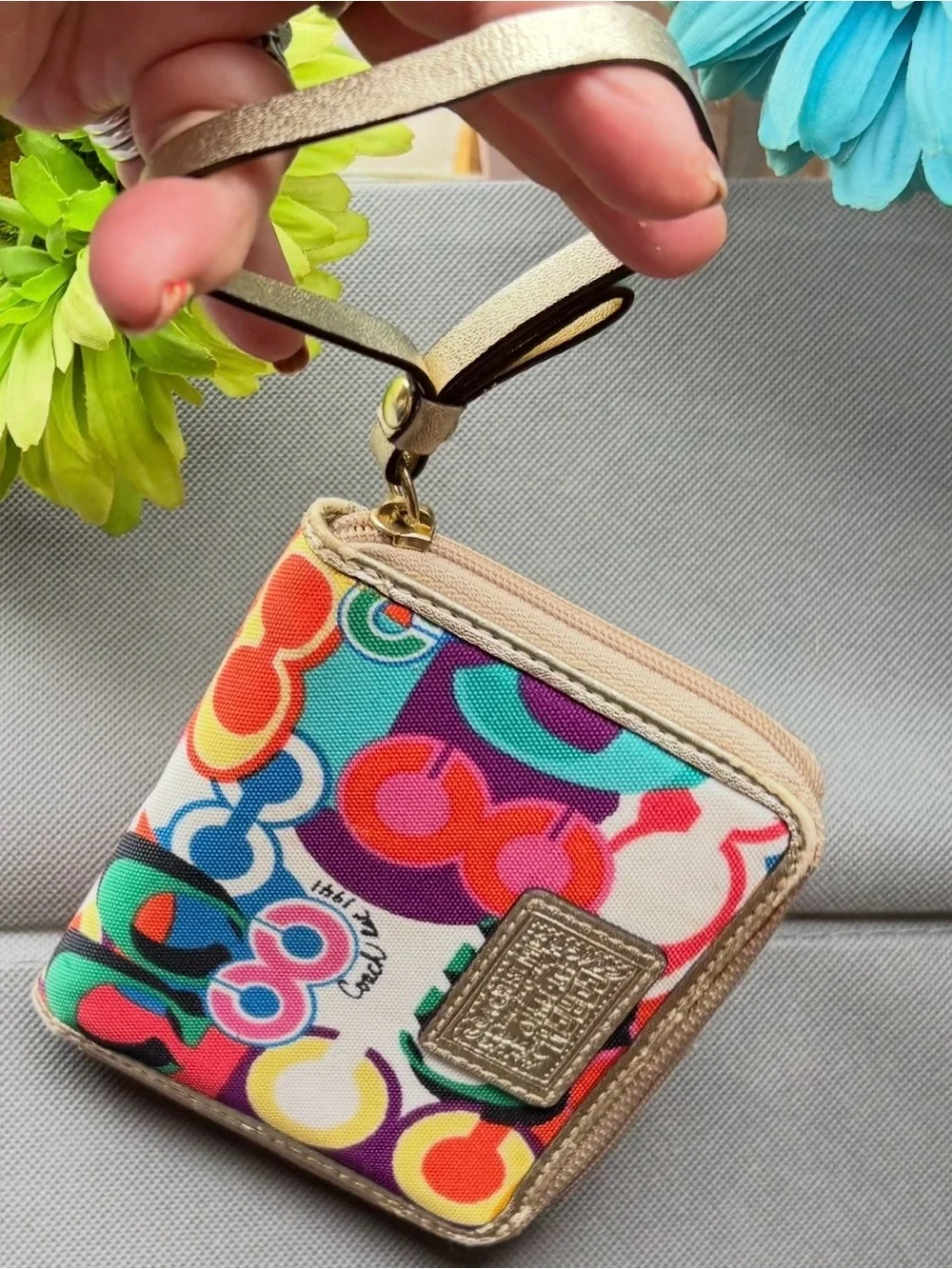 Coach Multicolor Signature 'C' Compact Zip Wallet — Bright Rainbow Print